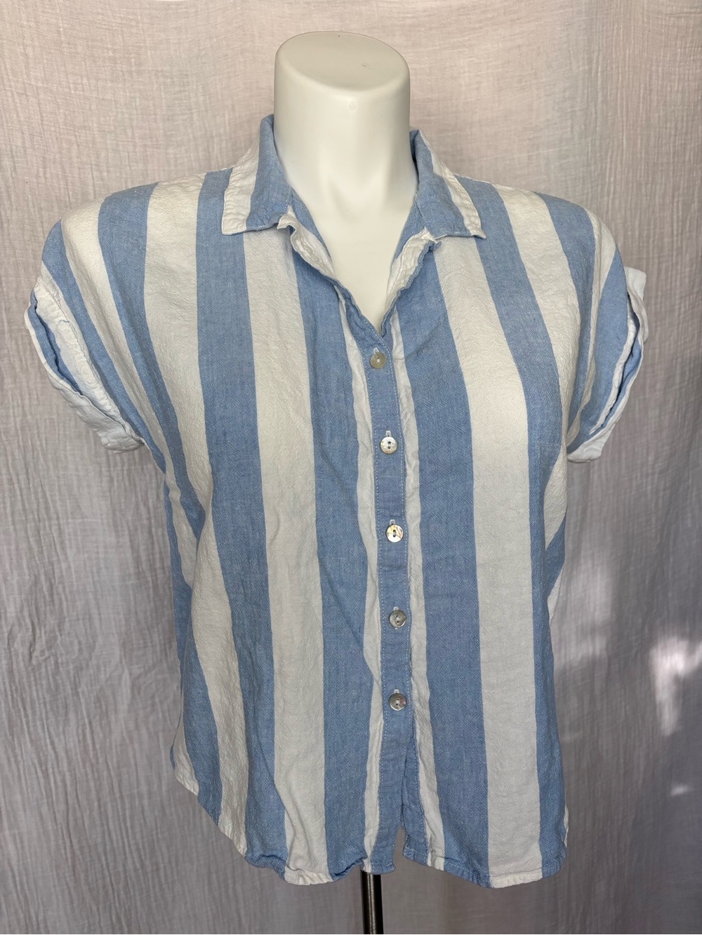 Lucky Brand Blue & White Striped Linen Blend Boxy  Button Up Shirt